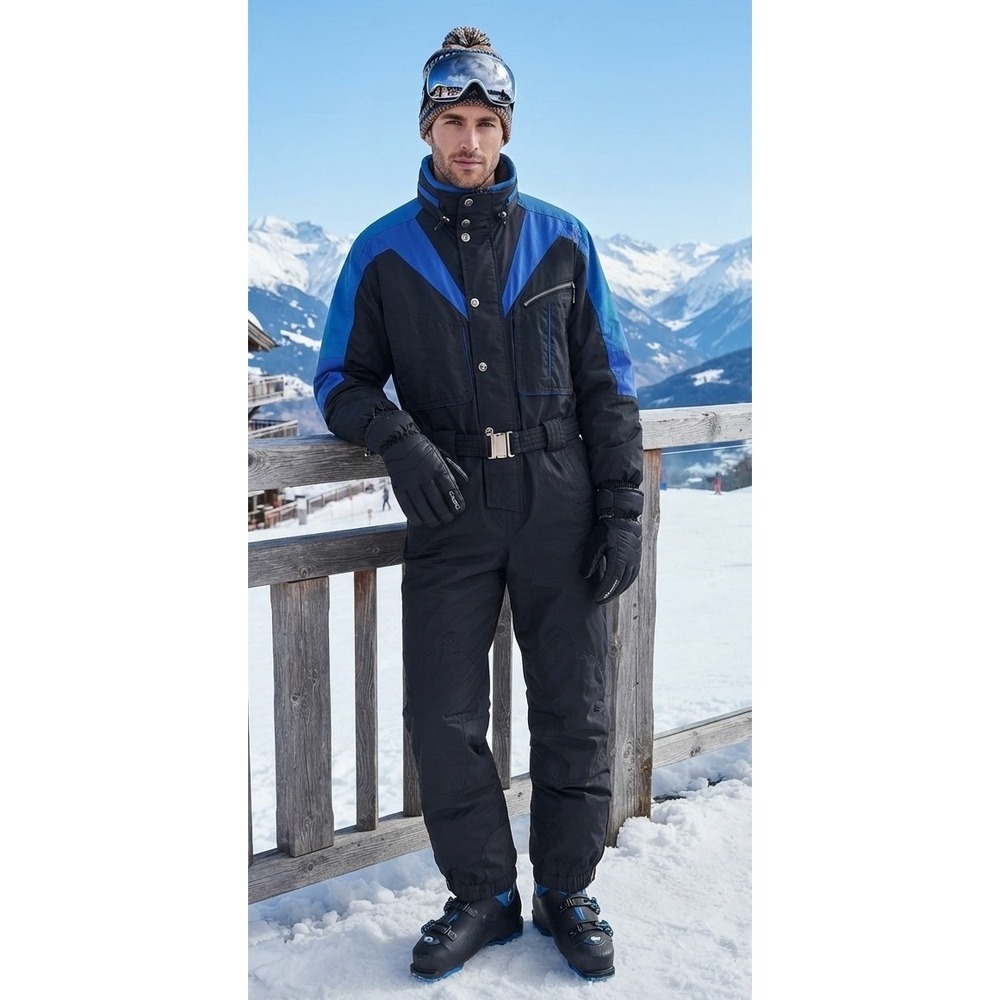 Vintage Marker Ski Suit One Piece Belted Snowsuit Men's M Black Blue Winter 90s